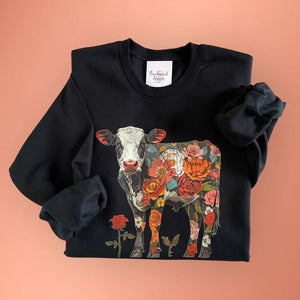 082 - 88 'Floral Cow' Adult Crewneck - Thumbprint Designs - Painted Door on Main