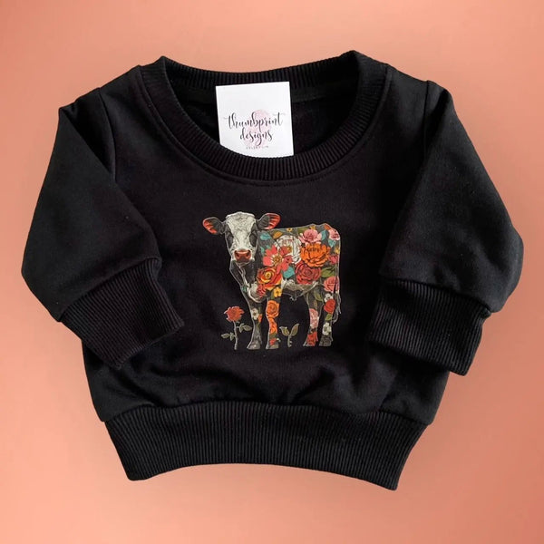 082 - 89 'Floral Cow' Infant & Toddler Crewneck - Thumbprint Designs - Painted Door on Main