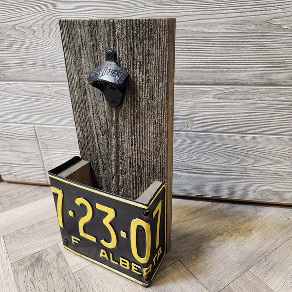 114 - 03 License Plate Bottle Opener - Rafter Diamond W - Painted Door on Main