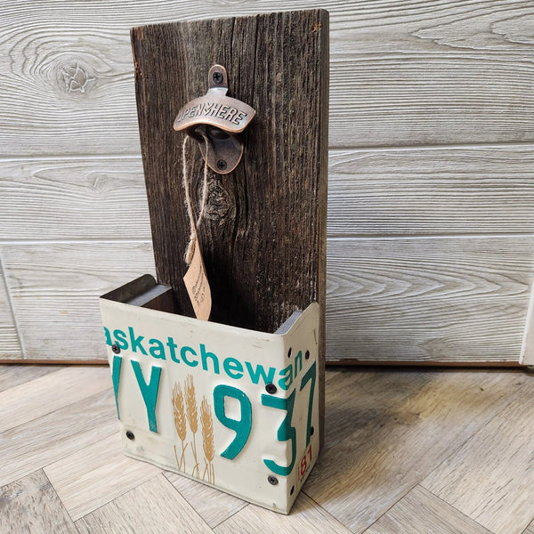114 - 03 License Plate Bottle Opener - Rafter Diamond W - Painted Door on Main