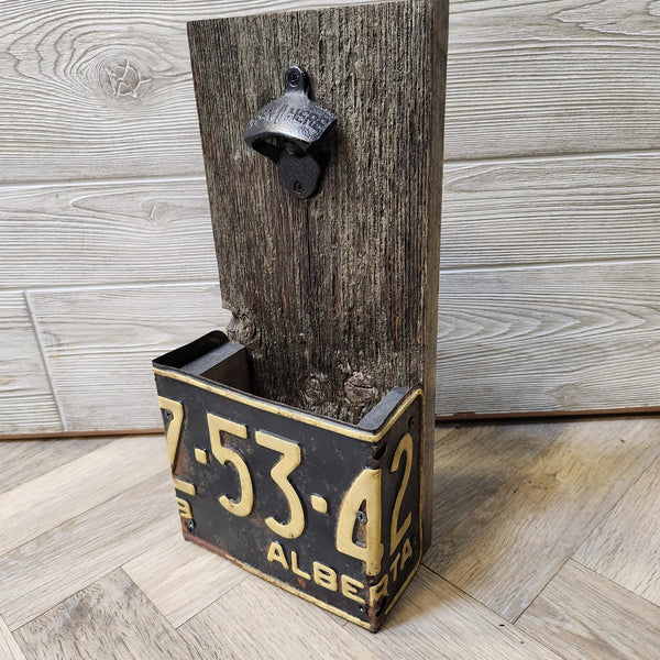 114 - 03 License Plate Bottle Opener - Rafter Diamond W - Painted Door on Main