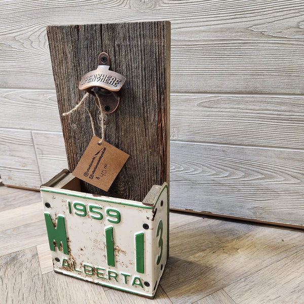 114 - 03 License Plate Bottle Opener - Rafter Diamond W - Painted Door on Main