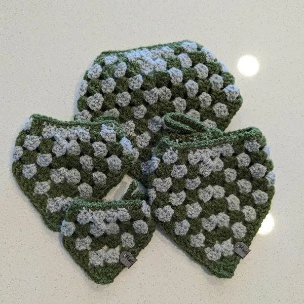 121 - 03 Green & Grey Crocheted Bandanas - Daisybug Crochet - Painted Door on Main