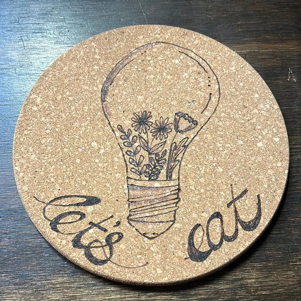124 - 01 Wood - Burned Cork Trivets - The Burnt Brush - Painted Door on Main