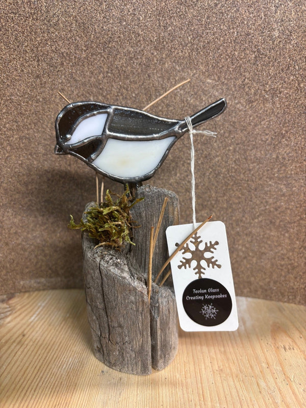 134 - 27 Chickadee Suncatcher on Wood Stump - Tevlan Glass - Painted Door on Main