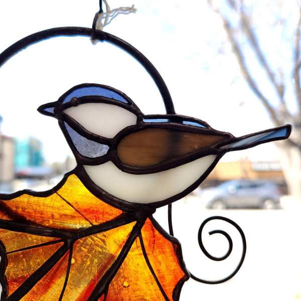 134 - 29 Chickadee on Mapleleaf Suncatcher - Tevlan Glass - Painted Door on Main