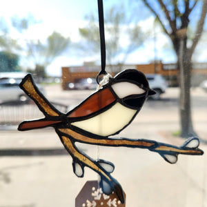 134 - 32 Chickadee Suncatcher With Pussy Willows - Tevlan Glass - Painted Door on Main