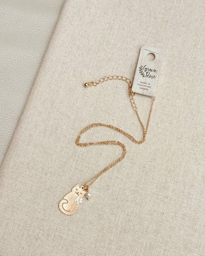Brass Cat Charm Necklace with Pearl Accent