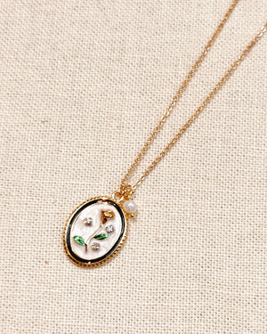 Enamel Floral Oval Charm Necklace Gold