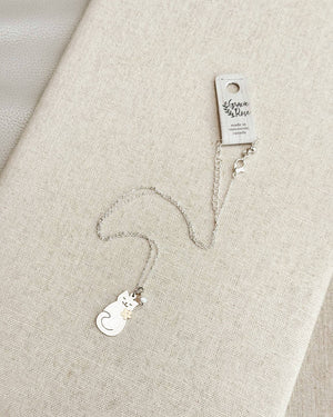 Brass Cat Charm Necklace with Pearl Accent