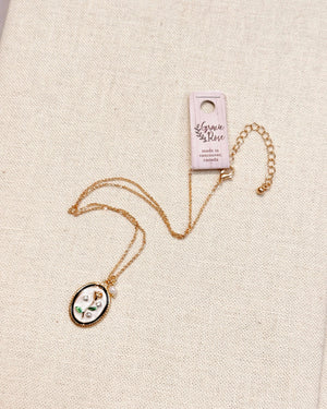 Enamel Floral Oval Charm Necklace Gold