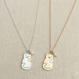 Brass Cat Charm Necklace with Pearl Accent