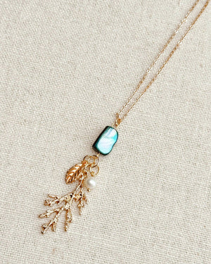 Teal Shell Leaf Branch Pearl Necklace