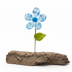 Hand-Crafted Glass Flowers on Driftwood