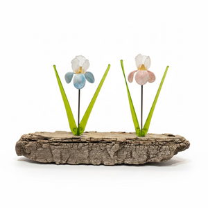 Hand-Crafted Glass Flowers on Driftwood