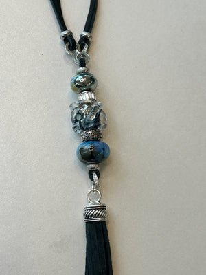 Lampwork Glass + Leather Tassel Necklace (Long)