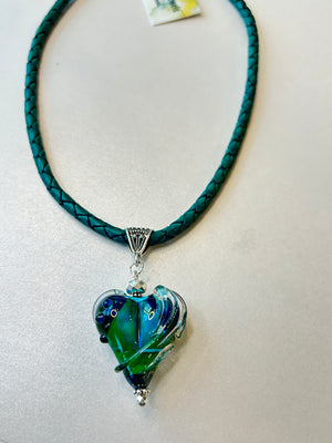 Lampwork Glass Heart + Leather Necklace (Short)
