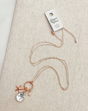Rose Gold Rhinestone Drop Starfish Cluster Charm Necklace