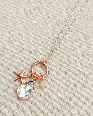 Rose Gold Rhinestone Drop Starfish Cluster Charm Necklace