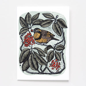 ‘Autumn Joy’ Bird and Berries Vintage Style Linocut Art Card - Painted Door on Main