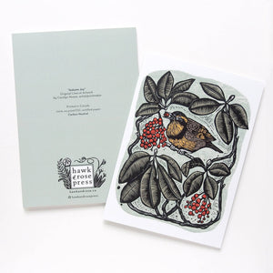 ‘Autumn Joy’ Bird and Berries Vintage Style Linocut Art Card - Painted Door on Main