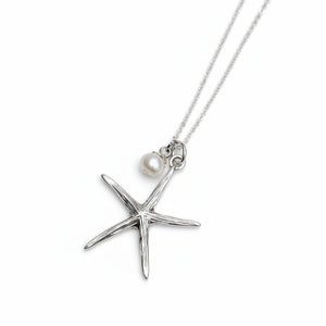 Beachy Rhodium Pearl Starfish Charm Necklace - Painted Door on Main