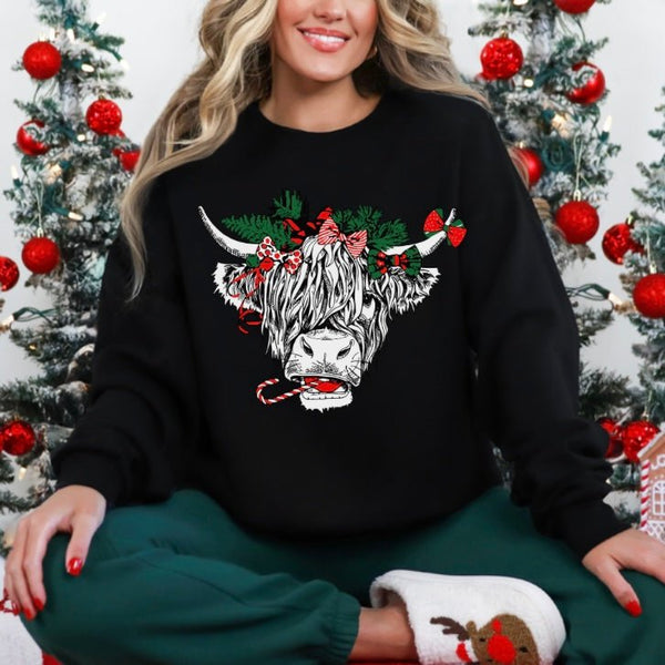 'Christmas Highland Cow' Crewneck - Thumbprint Designs - Painted Door on Main
