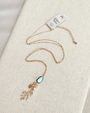 Teal Shell Leaf Branch Pearl Necklace