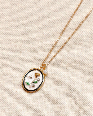 Enamel Floral Oval Charm Necklace Gold - Painted Door on Main