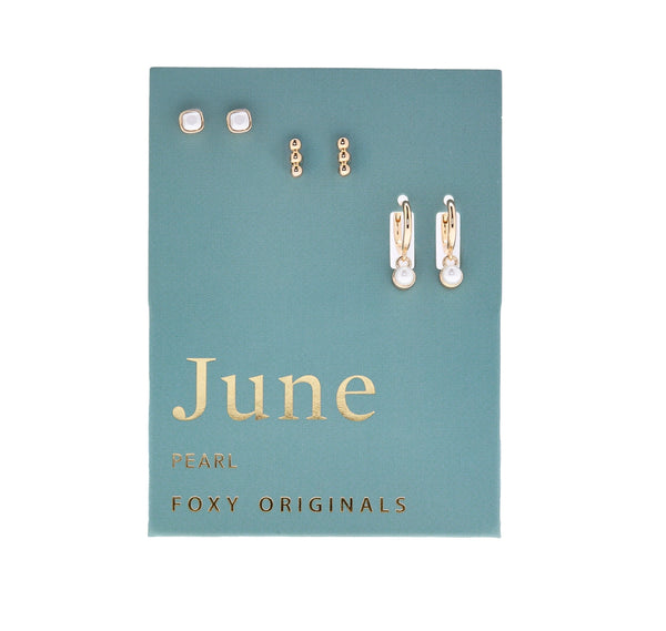 Set of pearl earrings on a 'June' branded card with Foxy Originals branding.