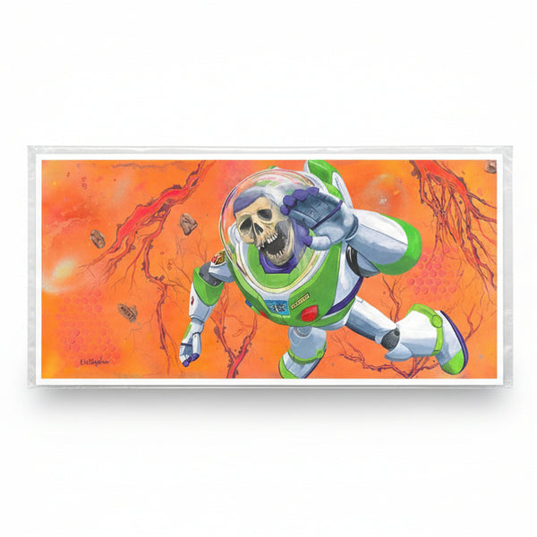 Toy Story Buzz Lightyear with a skeleton head on an orange background