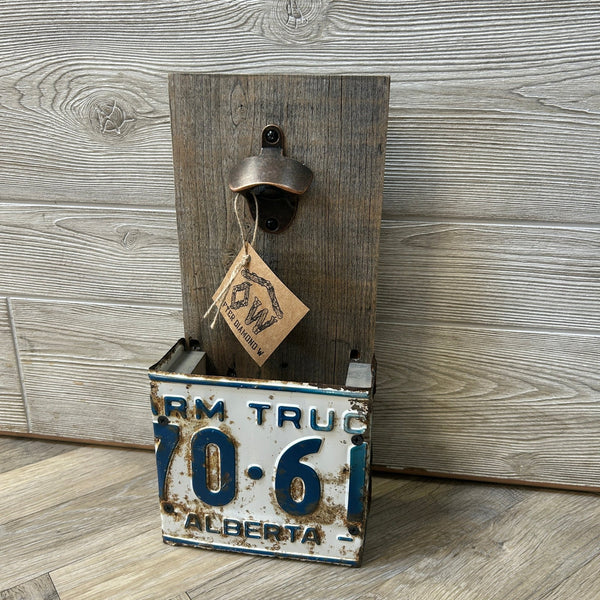 License Plate Bottle Opener - Rafter Diamond W - Painted Door on Main