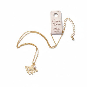 Textured Brass Bee Charm Necklace - Painted Door on Main