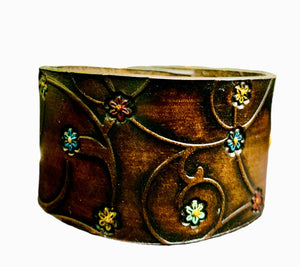002-12 Leather cuff - 1 1/2" wide with swirls and stamped flowers - Fearless hART - Painted Door on Main Gift & Gallery