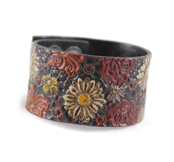 002-09 Stamped Flower Leather Cuff 1 1/2" - Fearless hART - Painted Door on Main Gift & Gallery